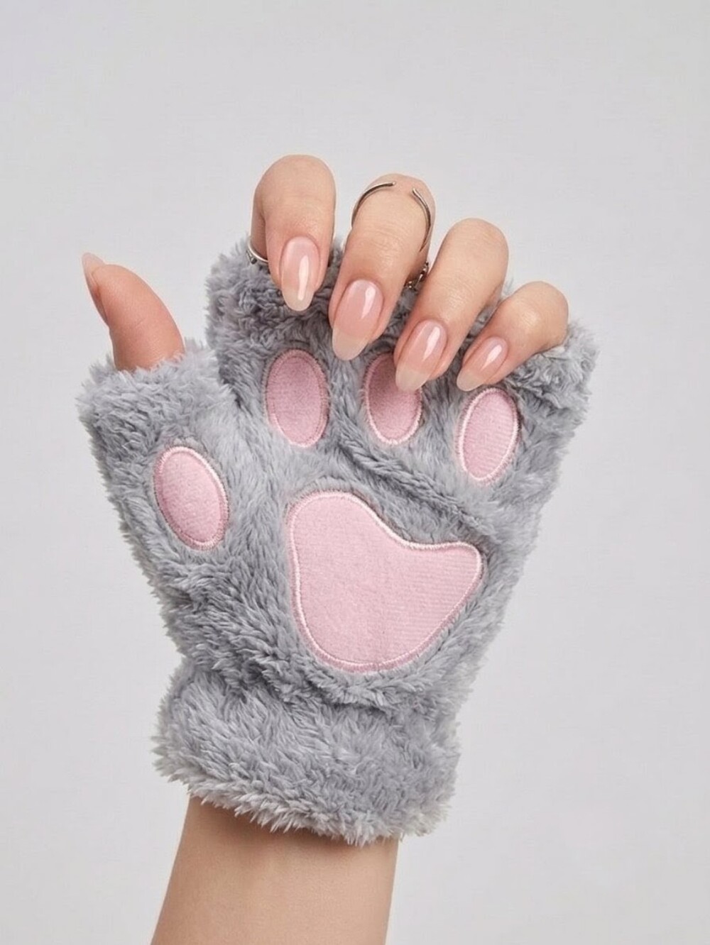 Gray Plush Paw Mittens with Pink Pads